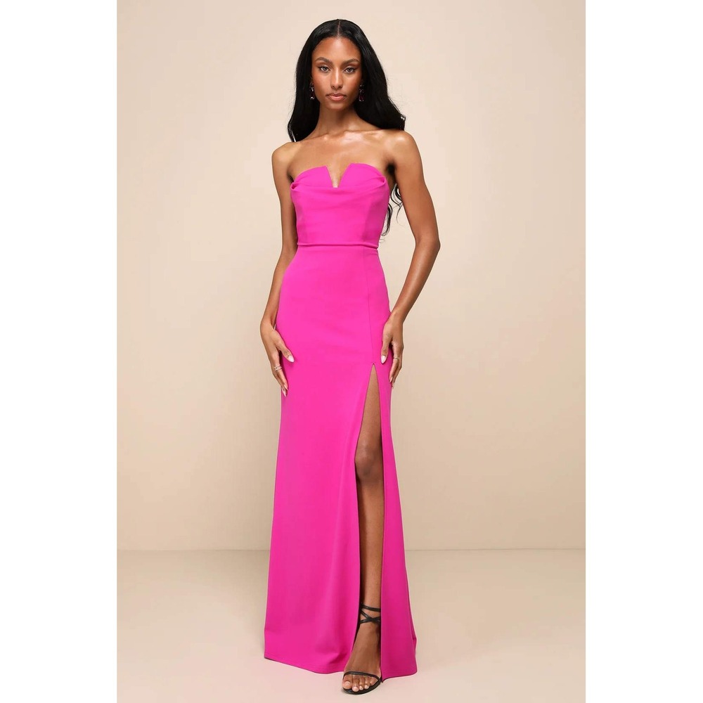 Lulu's Vibrant Fuchsia Strapless Maxi Dress with High Side Slit